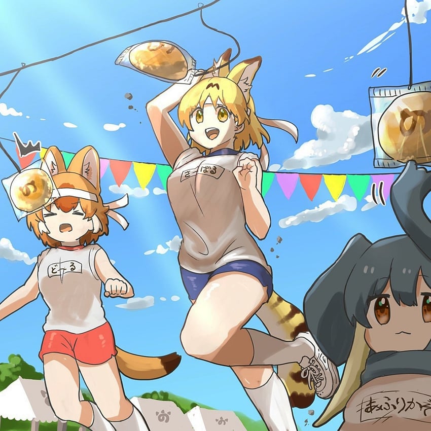 serval, dhole, and african elephant (kemono friends) drawn by seramix_x