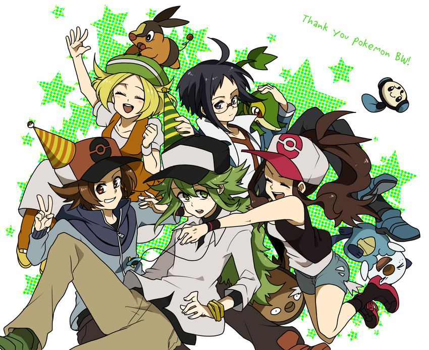 hilda, hilbert, n, oshawott, snivy, and 5 more (pokemon and 1 more) drawn by sei_(shinkai_parallel)