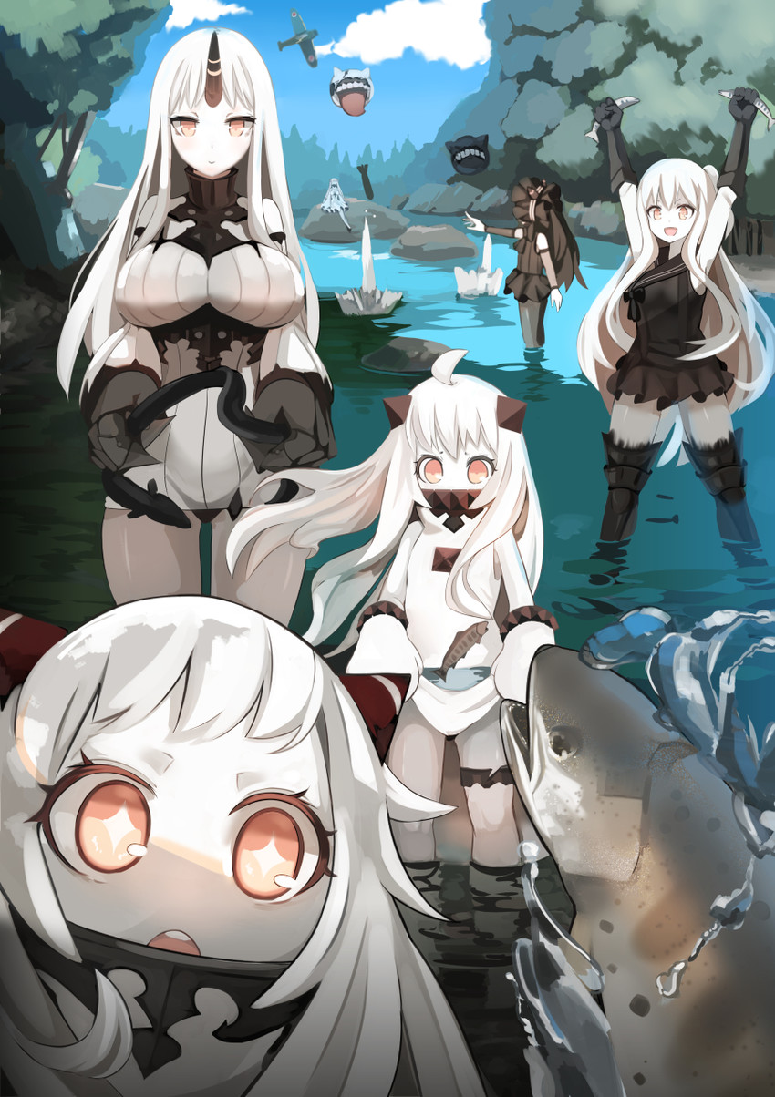 northern ocean princess, seaport princess, enemy aircraft, airfield princess, isolated island oni, and 2 more (kantai collection) drawn by onasuba