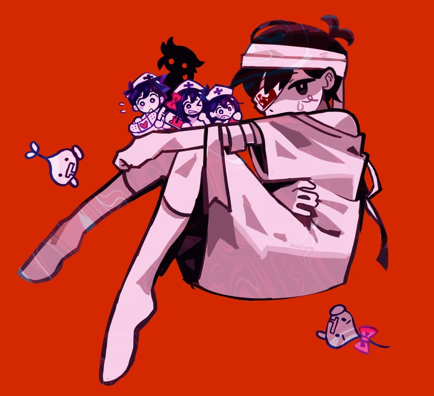 sunny, aubrey, kel, hero, stranger, and 1 more (omori) drawn by bajinns
