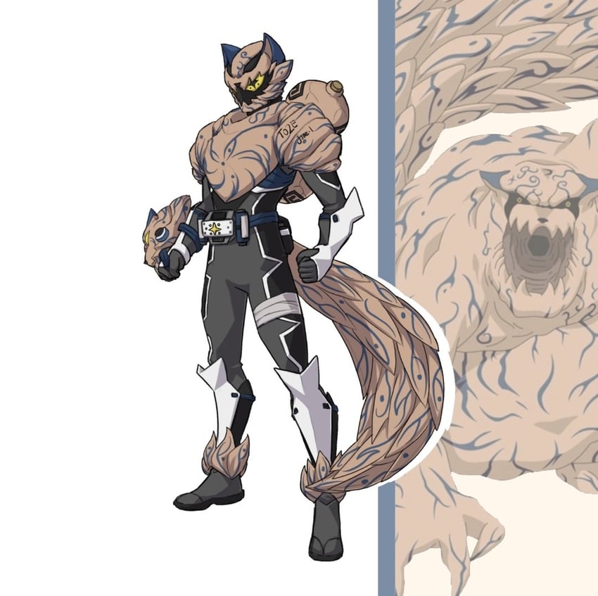 shukaku and kamen rider goh (original and 3 more) drawn by to_ze