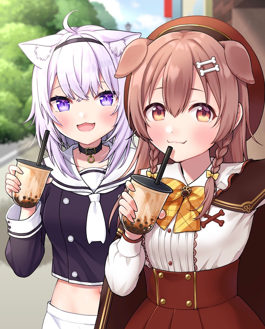 nekomata okayu and inugami korone (hololive) drawn by tomozu