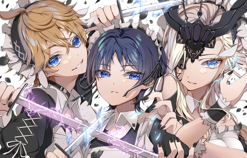 scaramouche, tartaglia, and signora (genshin impact) drawn by moderate_gold