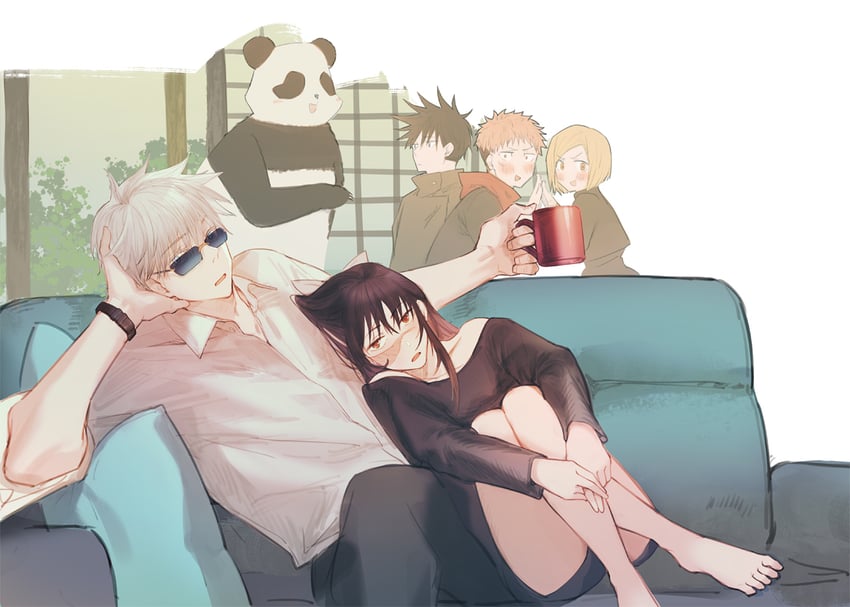gojou satoru, itadori yuuji, fushiguro megumi, kugisaki nobara, iori utahime, and 1 more (jujutsu kaisen) drawn by suvin_(mononochi)