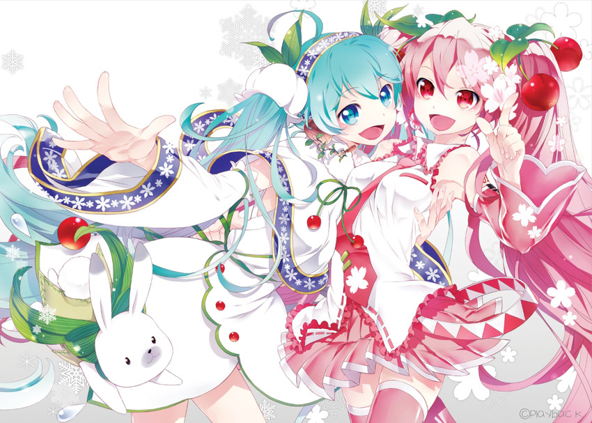 hatsune miku, yuki miku, sakura miku, and rabbit yukine (vocaloid) drawn by playback