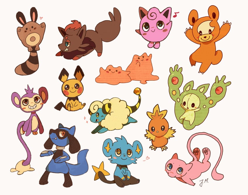 torchic, pichu, mew, ditto, zorua, and 7 more (pokemon) drawn by bluekomadori
