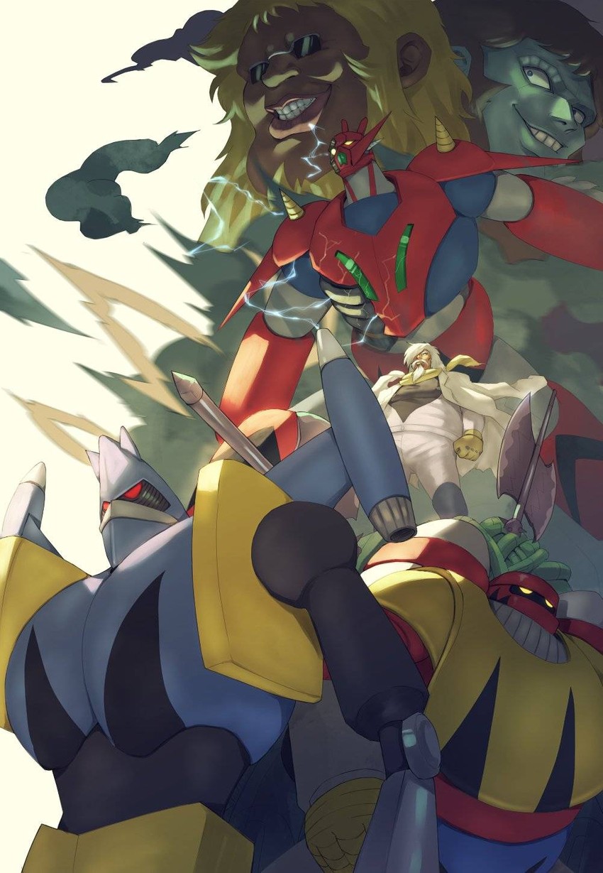 getter dragon, getter liger, getter poseidon, professor saotome, stinger, and 1 more (getter robo and 1 more) drawn by vldhomecenter