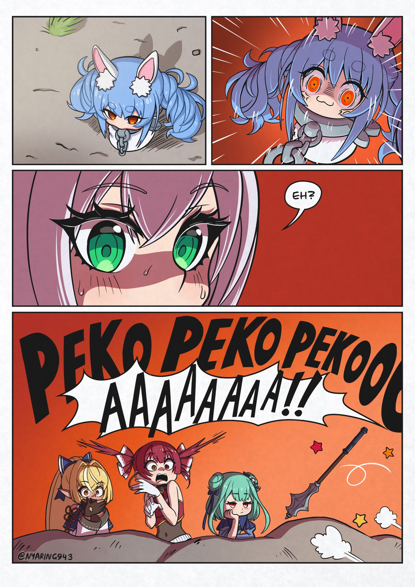 houshou marine, usada pekora, shirogane noel, uruha rushia, shiranui flare, and 1 more (hololive and 3 more) drawn by nyaring943