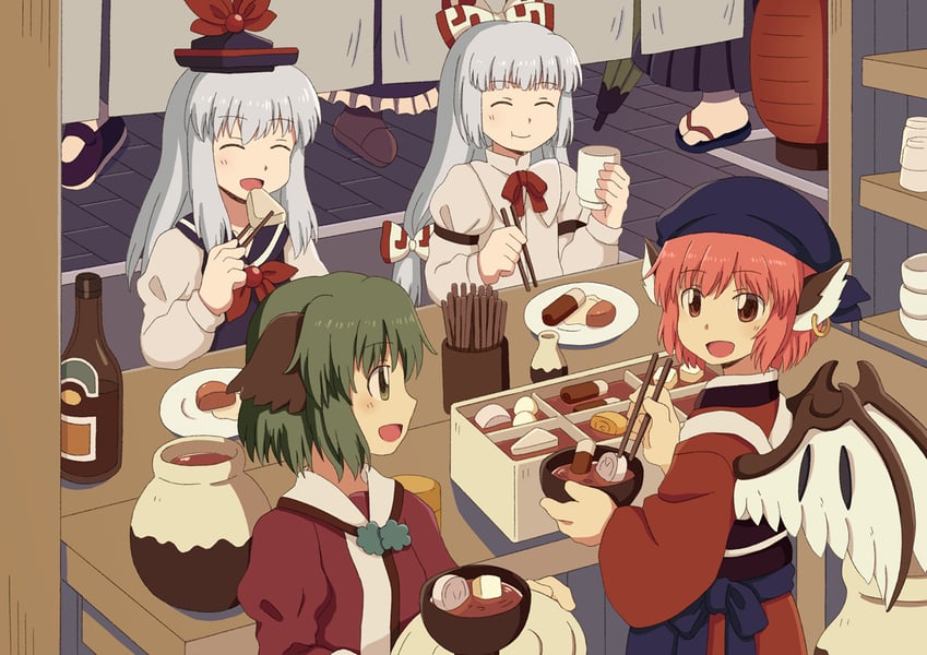 fujiwara no mokou, kamishirasawa keine, mystia lorelei, kasodani kyouko, and okamisty (touhou) drawn by renzaoshen