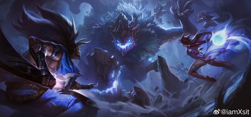 ahri, miss fortune, yasuo, illaoi, pyke, and 2 more (league of legends) drawn by iamxsit