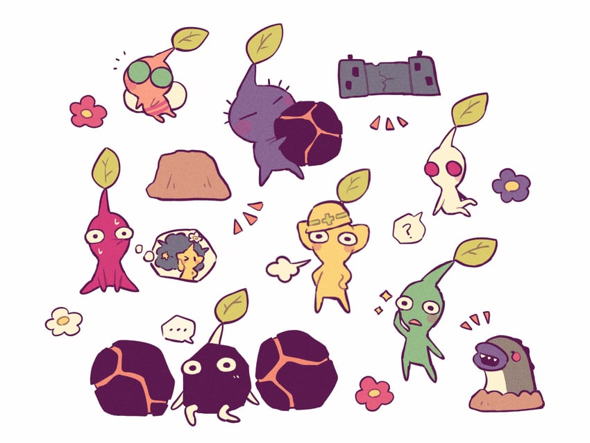 red pikmin, yellow pikmin, blue pikmin, purple pikmin, white pikmin, and 3 more (pikmin) drawn by t_(user_rftm8574)