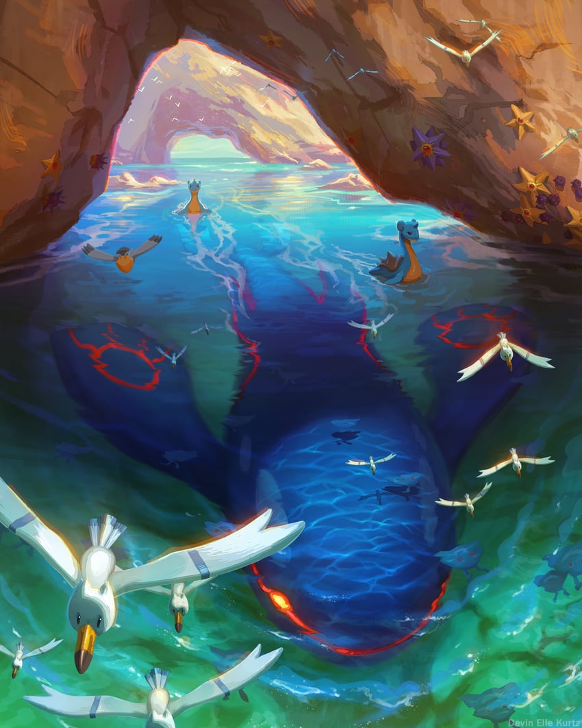 lapras, wingull, kyogre, staryu, pyukumuku, and 5 more (pokemon) drawn by devin_elle_kurtz