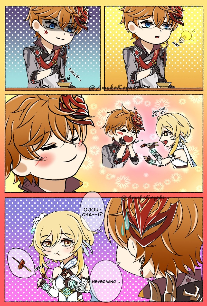 lumine and tartaglia (genshin impact) drawn by amekokoyuki