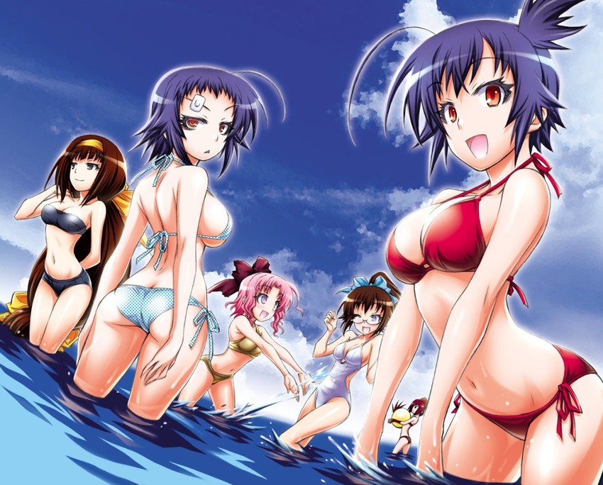 kurokami medaka, ajimu najimi, naze youka, emukae mukae, kikaijima mogana, and 1 more (medaka box) drawn by akatsuki_akira