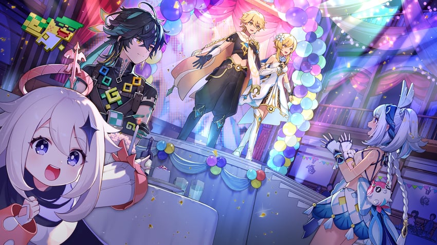 lumine, aether, paimon, mualani, kinich, and 1 more (genshin impact) drawn by tsunakawa