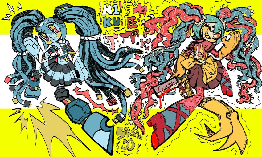 hatsune miku, meatku, and m1-ku (vocaloid) drawn by sorenjj