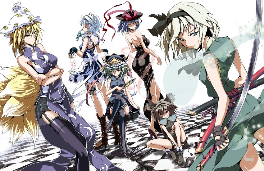 izayoi sakuya, konpaku youmu, yakumo ran, nazrin, shiki eiki, and 1 more (touhou) drawn by wakanita