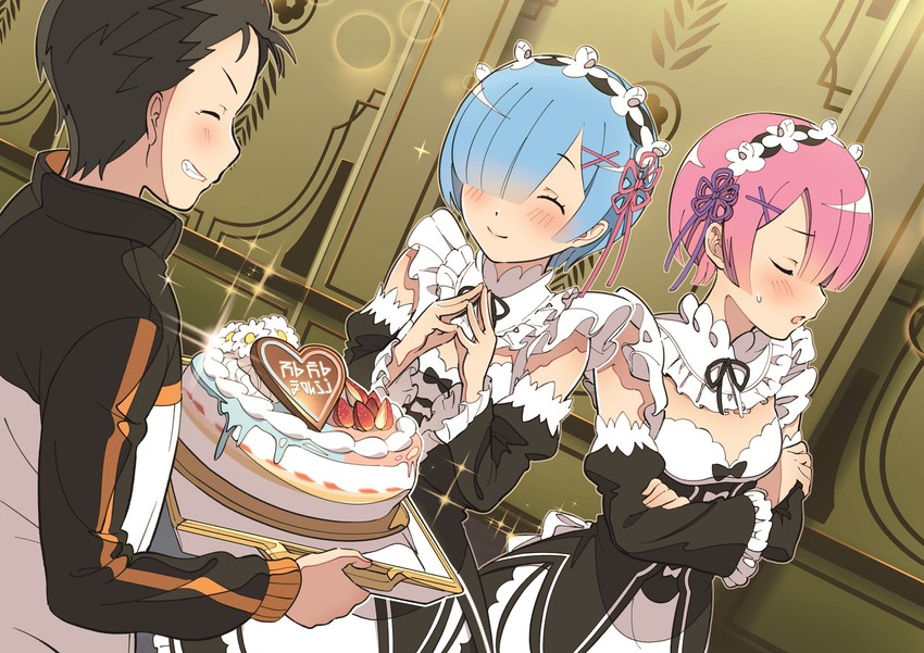 rem, ram, and natsuki subaru (re:zero kara hajimeru isekai seikatsu) drawn by ichimi_renge