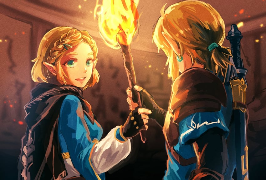 link and princess zelda (the legend of zelda and 1 more) drawn by sanami