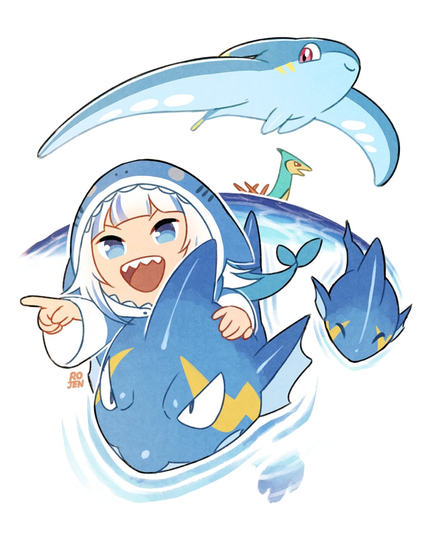 gawr gura, gobfin, celaray, and surfent (hololive and 2 more) drawn by rojen