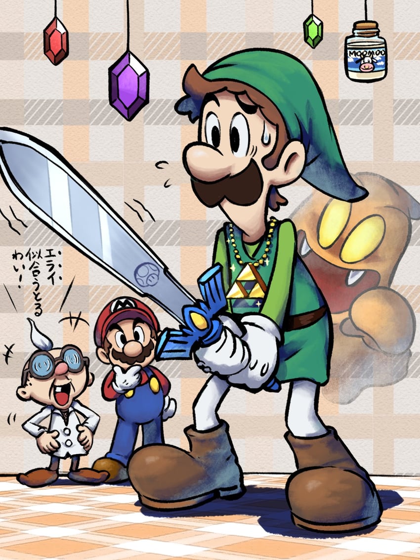 link, mario, luigi, moo moo, professor elvin gadd, and 1 more (the legend of zelda and 3 more) drawn by ya_mari_6363