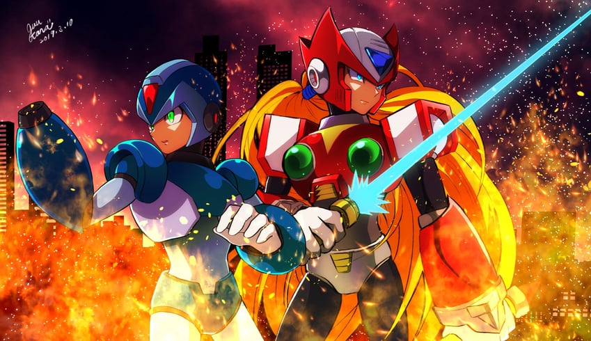 zero and x (mega man and 1 more) drawn by guutara