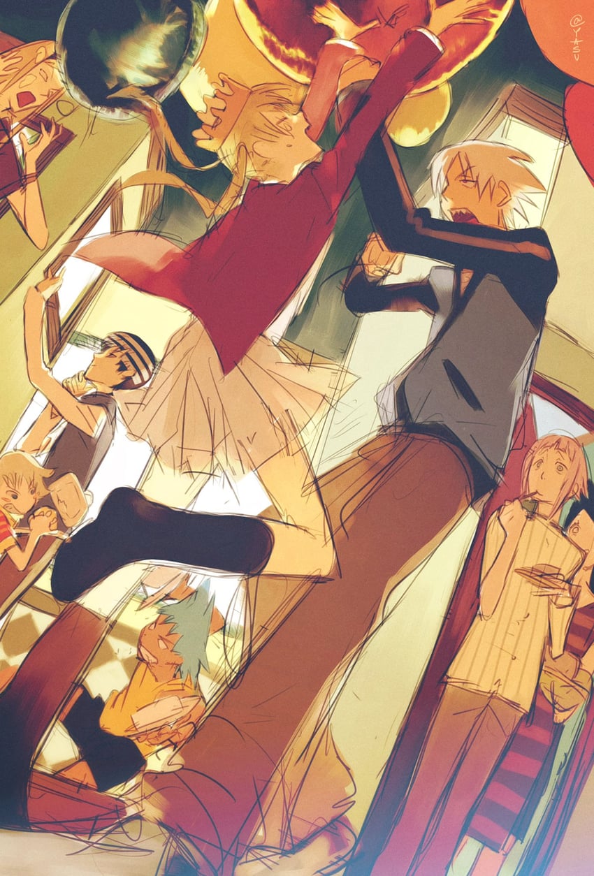 maka albarn, soul evans, crona, death the kid, black star, and 2 more (soul eater) drawn by ann_yasu_d