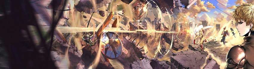 saitama, genos, onsoku no sonic, and king (one-punch man) drawn by teddypocky