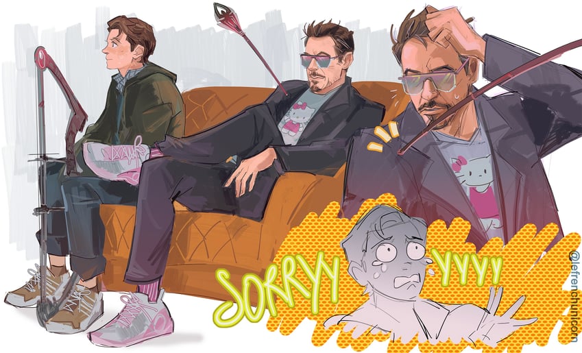 hello kitty, tony stark, and peter parker (marvel and 3 more) drawn by french-unicorn