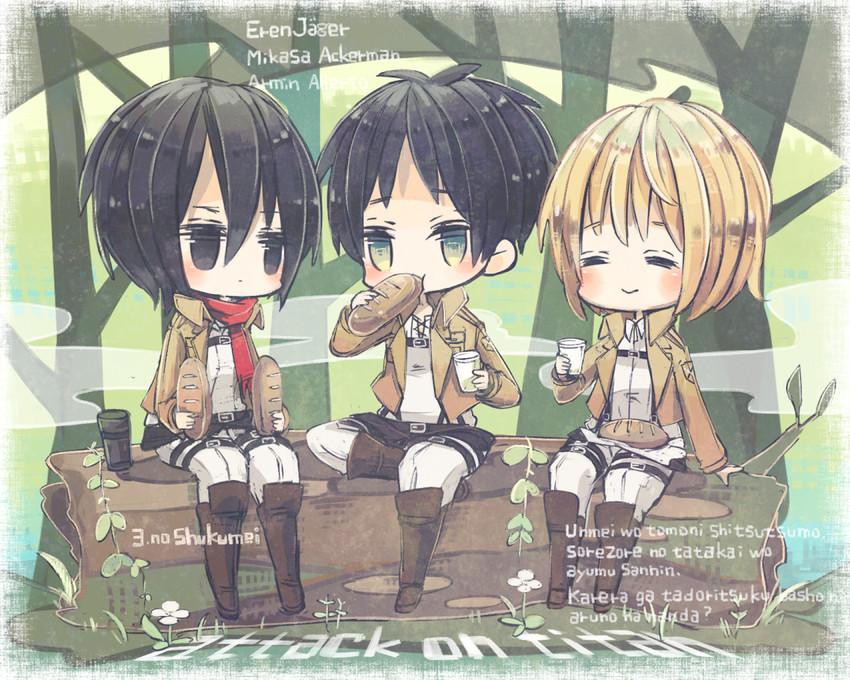 mikasa ackerman, eren yeager, and armin arlert (shingeki no kyojin) drawn by 00tuma00