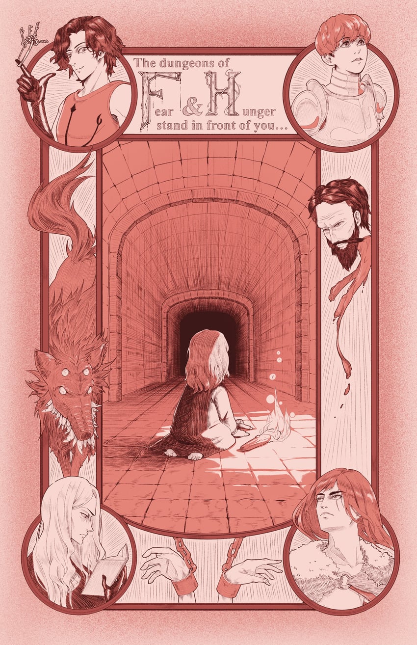 d'arce, the girl, cahara, enki, ragnvaldr, and 2 more (fear & hunger and 1 more) drawn by artsyantatee