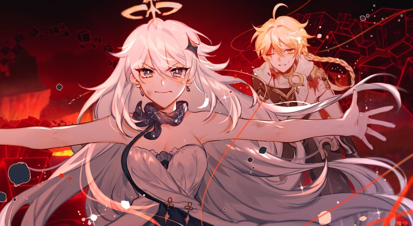 aether and paimon (genshin impact) drawn by flora_blossom