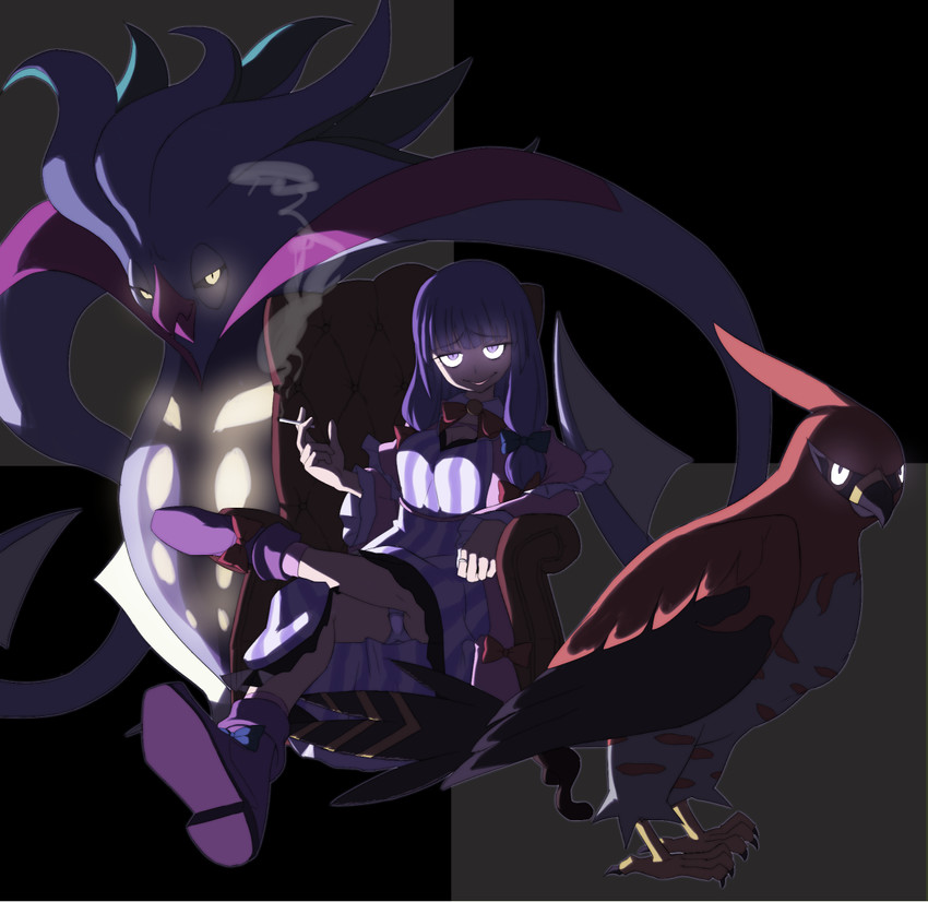 patchouli knowledge, taisa, talonflame, and malamar (touhou and 2 more) drawn by majin_(marcia)