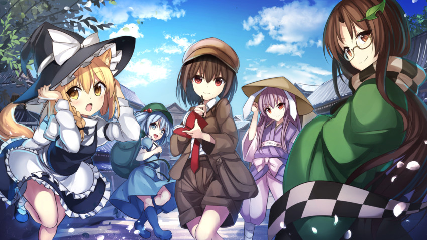 kirisame marisa, shameimaru aya, reisen udongein inaba, kawashiro nitori, futatsuiwa mamizou, and 1 more (touhou and 1 more) drawn by janne_cherry