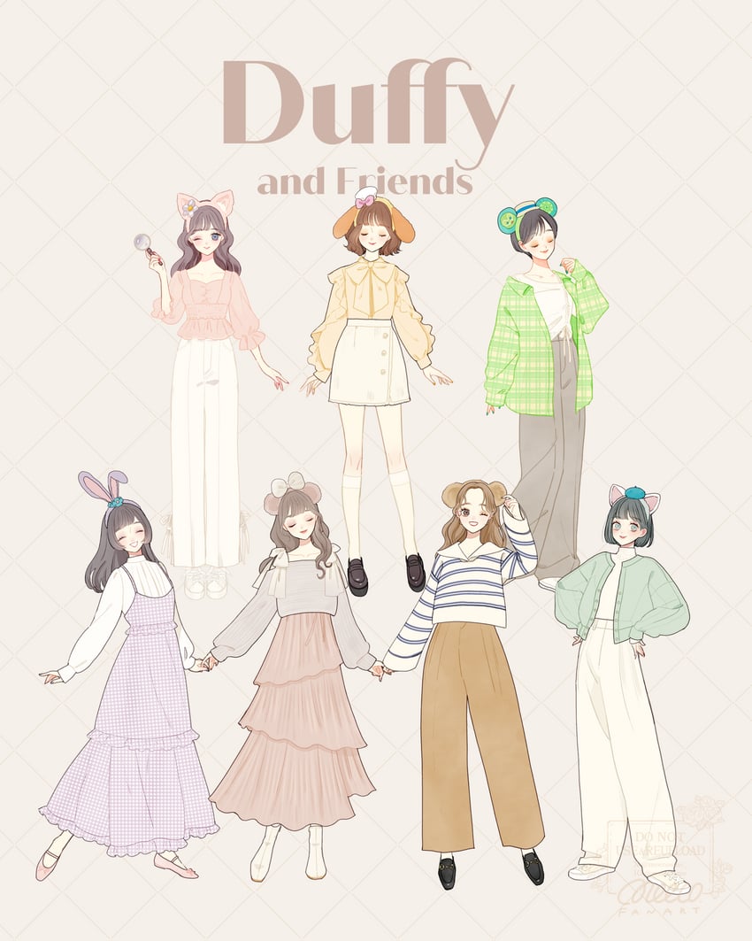 duffy the disney bear, shelliemay, stellalou, gelatoni, cookieann, and 2 more (duffy and friends) drawn by meecosme