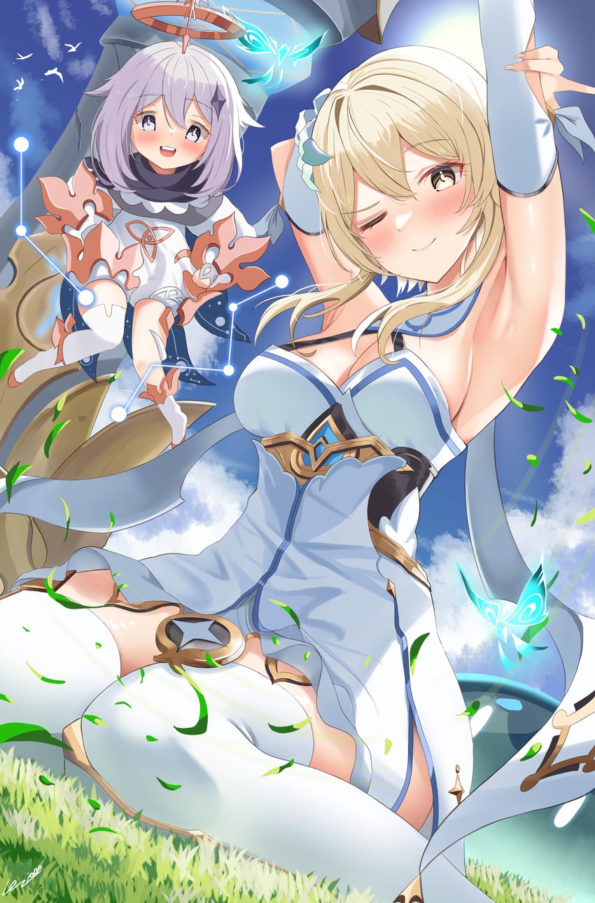 lumine, paimon, and crystalfly (genshin impact) drawn by naruta_(nmaf4445)