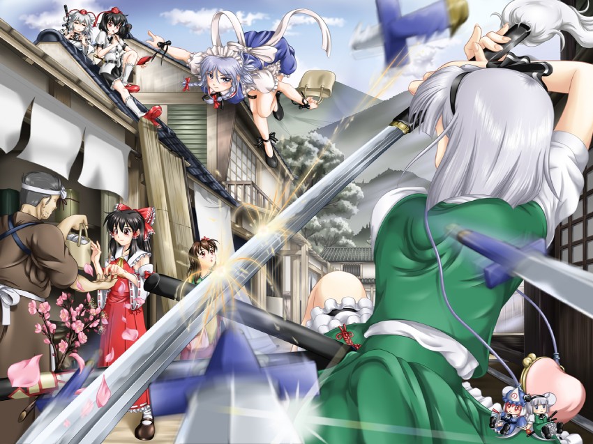 hakurei reimu, izayoi sakuya, konpaku youmu, shameimaru aya, saigyouji yuyuko, and 2 more (touhou) drawn by chimu