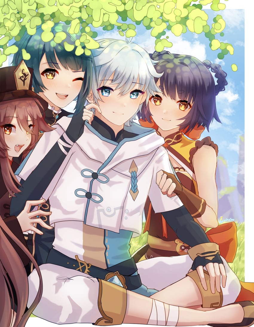 hu tao, xingqiu, chongyun, and xiangling (genshin impact) drawn by pochaimo