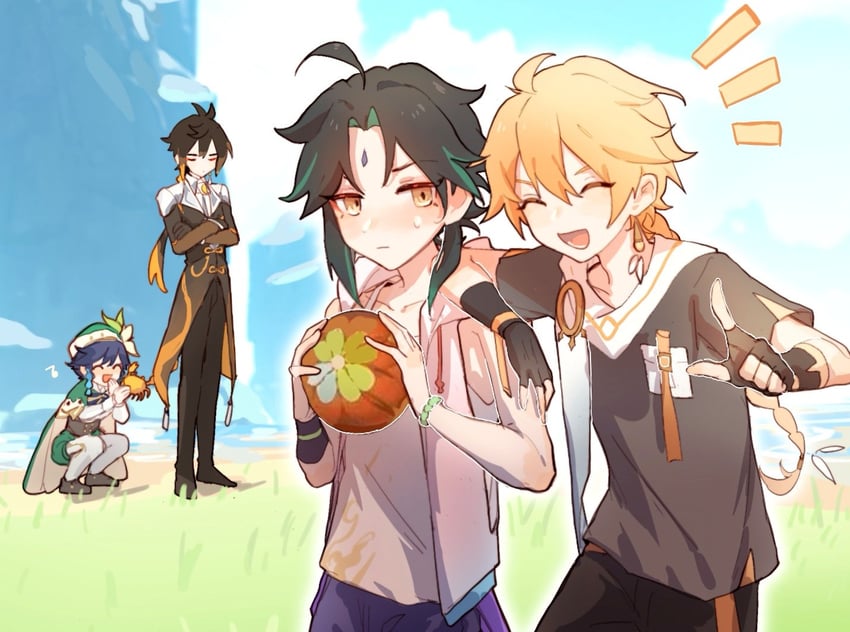aether, zhongli, venti, and xiao (genshin impact) drawn by powu555