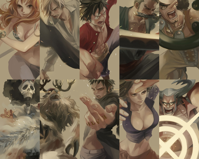 nami, monkey d. luffy, nico robin, roronoa zoro, sanji, and 5 more (one piece) drawn by koga_(017)