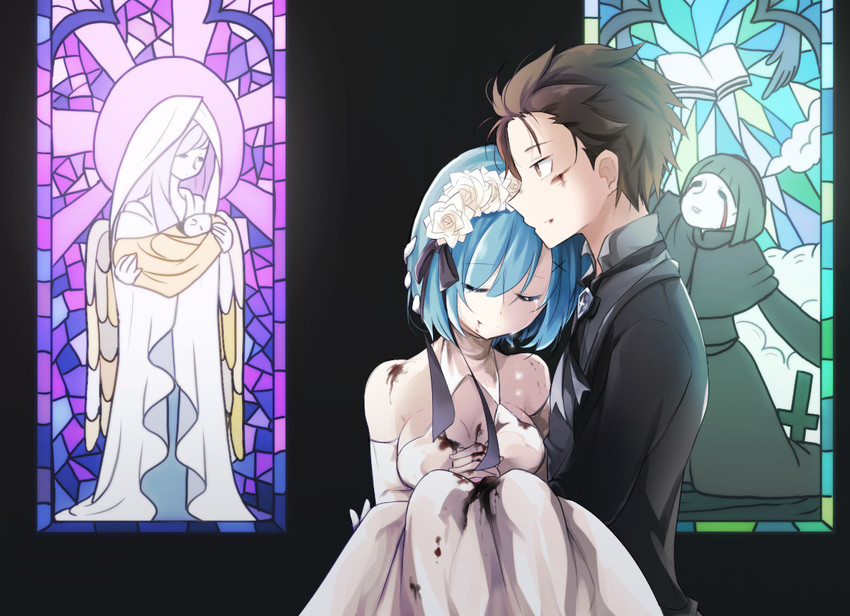 rem, natsuki subaru, and petelgeuse romaneeconti (re:zero kara hajimeru isekai seikatsu) drawn by inawa_akito