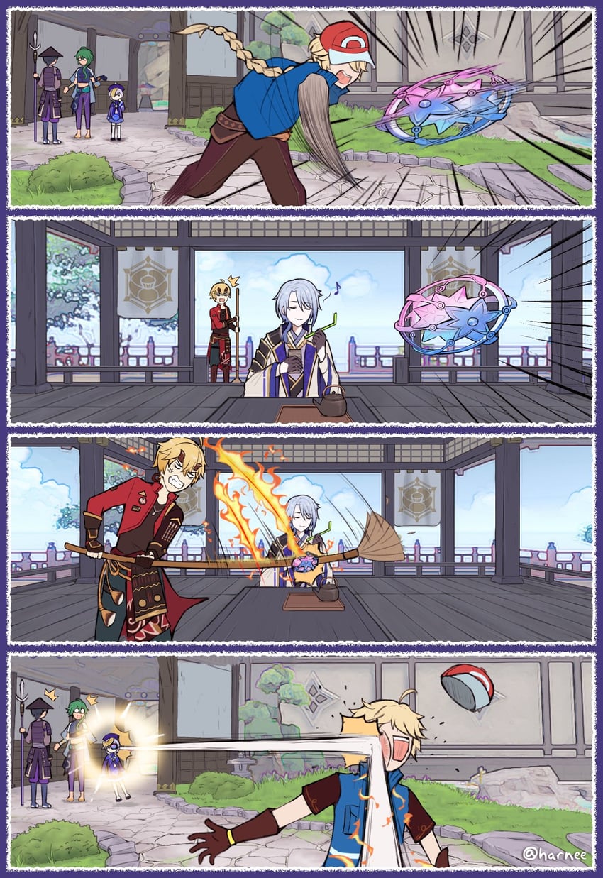 aether, qiqi, kamisato ayato, thoma, baizhu, and 1 more (pokemon and 1 more) drawn by harnee_s