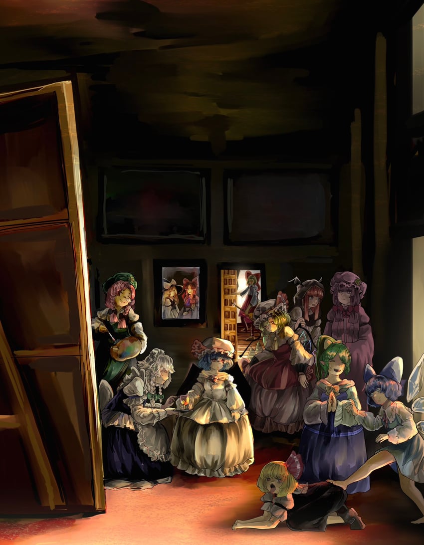 hakurei reimu, kirisame marisa, remilia scarlet, flandre scarlet, izayoi sakuya, and 7 more (touhou and 2 more) drawn by umaieokakitai