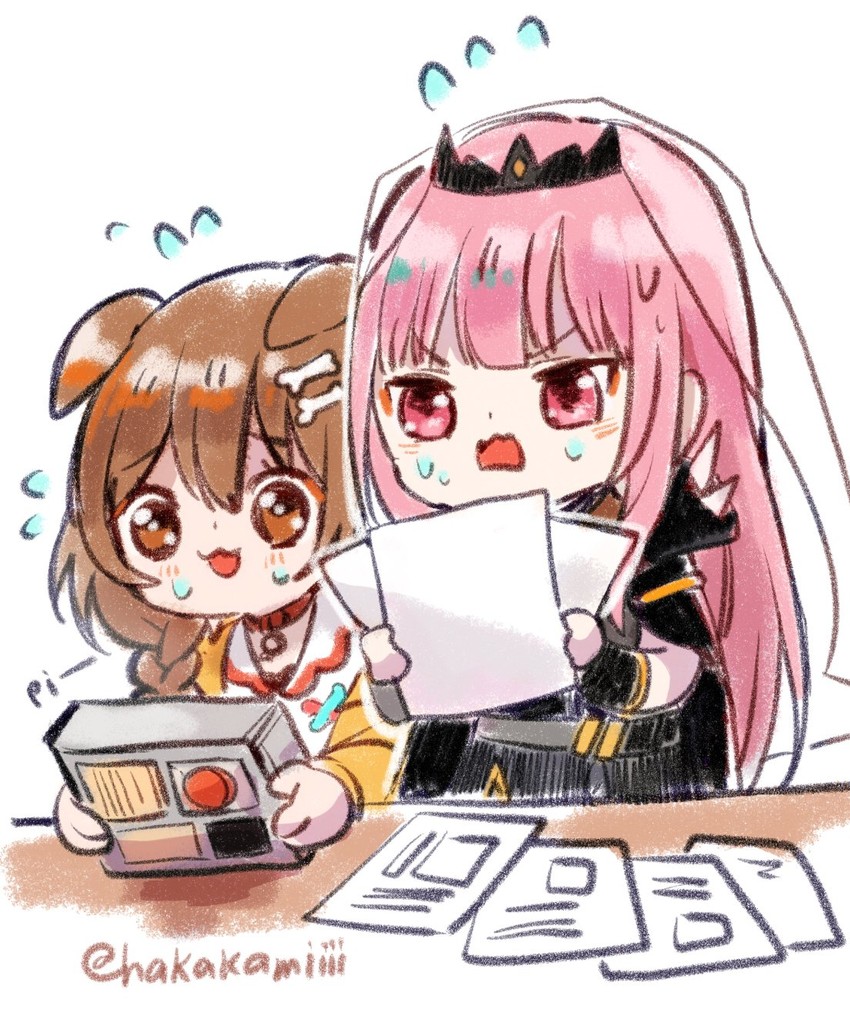 mori calliope and inugami korone (hololive and 2 more) drawn by hakamii