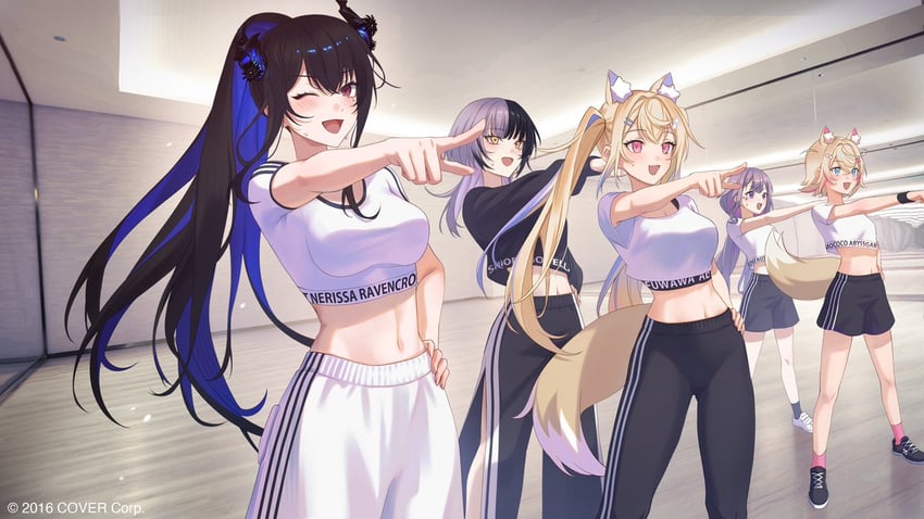 shiori novella, nerissa ravencroft, fuwawa abyssgard, mococo abyssgard, and koseki bijou (hololive and 1 more) drawn by ryuko_lee
