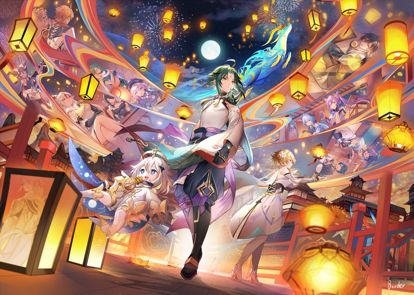 ganyu, lumine, aether, zhongli, keqing, and 12 more (genshin impact) drawn by border0715