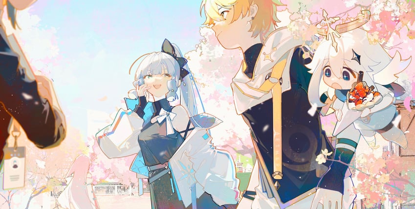 aether, yae miko, paimon, kamisato ayaka, and xiao (genshin impact) drawn by hollning