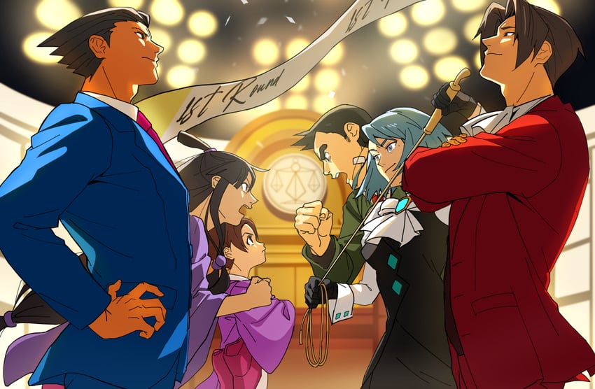 phoenix wright, miles edgeworth, maya fey, franziska von karma, dick gumshoe, and 1 more (ace attorney) drawn by roku_(bb8800xx)