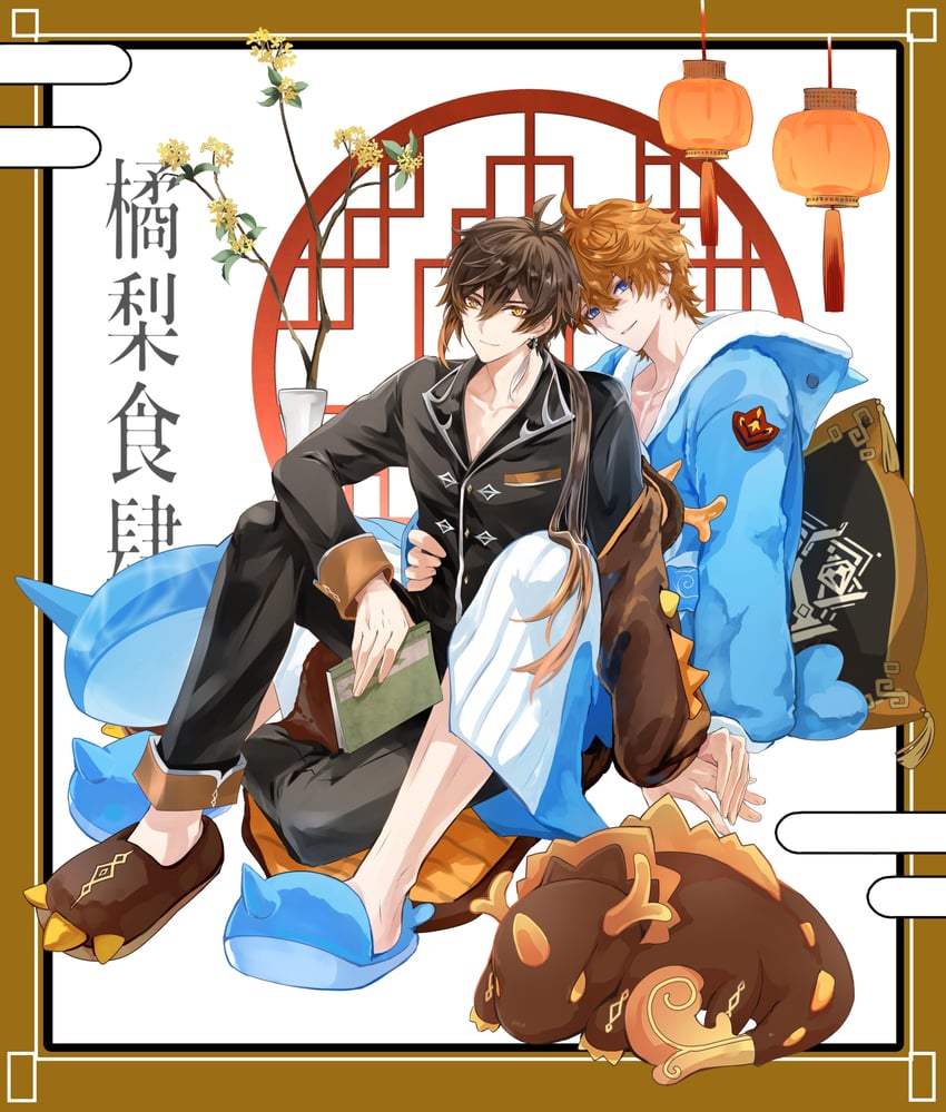 zhongli, tartaglia, and rex lapis (genshin impact) drawn by mori_morii
