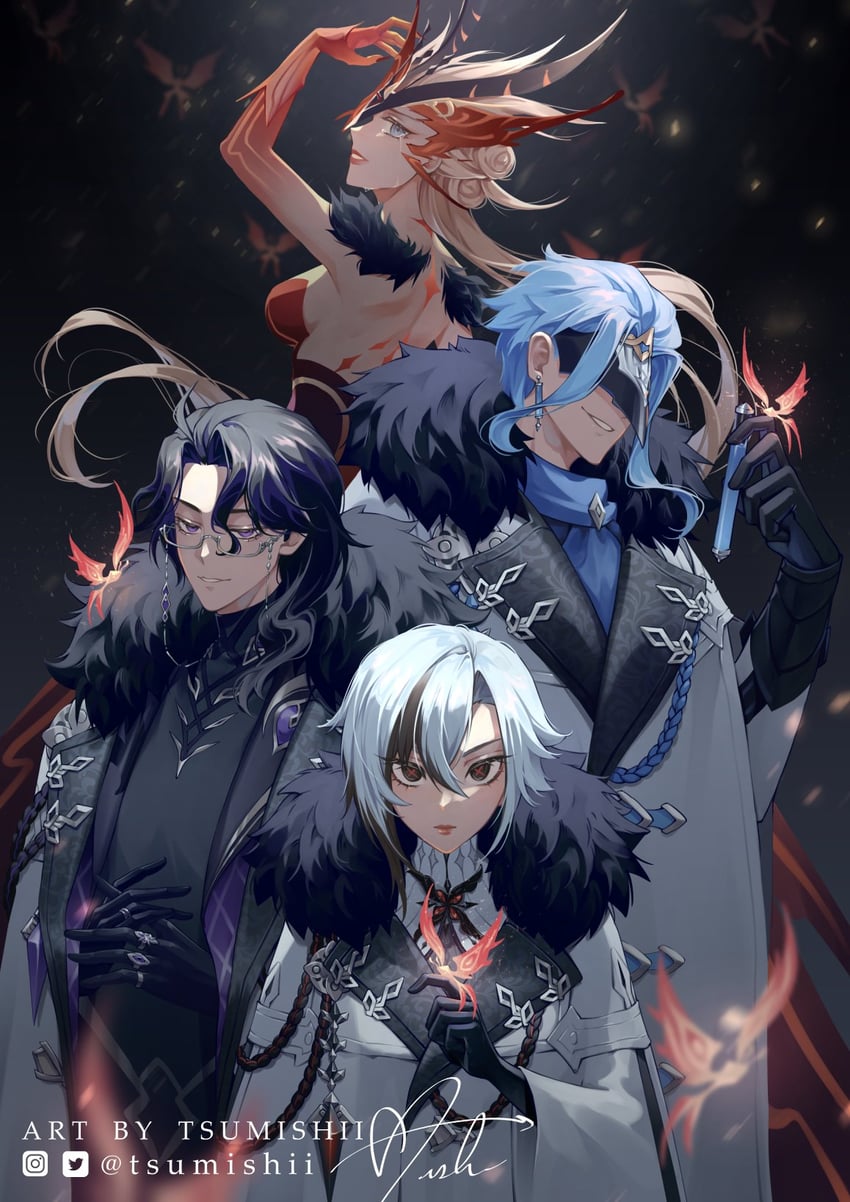 arlecchino, dottore, crimson lotus moth, pantalone, and signora (genshin impact) drawn by tsumishii